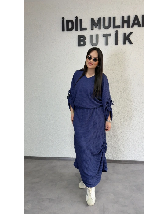 İndigo Mavi Kol Ve Etek Ucu Büzgülü Ayarlanabilir Takım