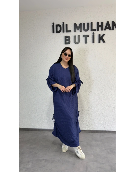 İndigo Mavi Kol Ve Etek Ucu Büzgülü Ayarlanabilir Takım