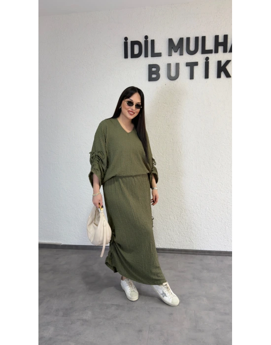 Haki Kol Ve Etek Ucu Büzgülü Ayarlanabilir Takım