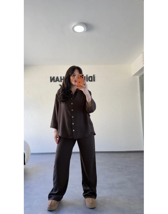 Acı Kahve Rahat Kesim Gömlekli Pantolon Takım