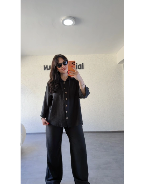 Siyah Rahat Kesim Gömlekli Pantolon Takım