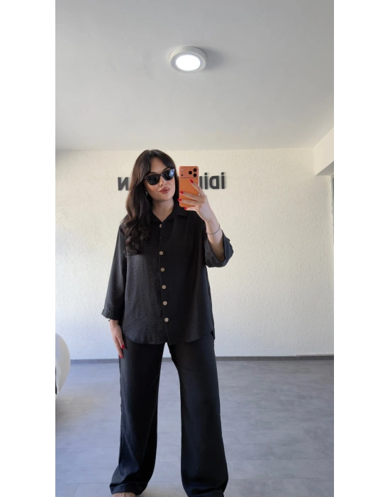 Siyah Rahat Kesim Gömlekli Pantolon Takım