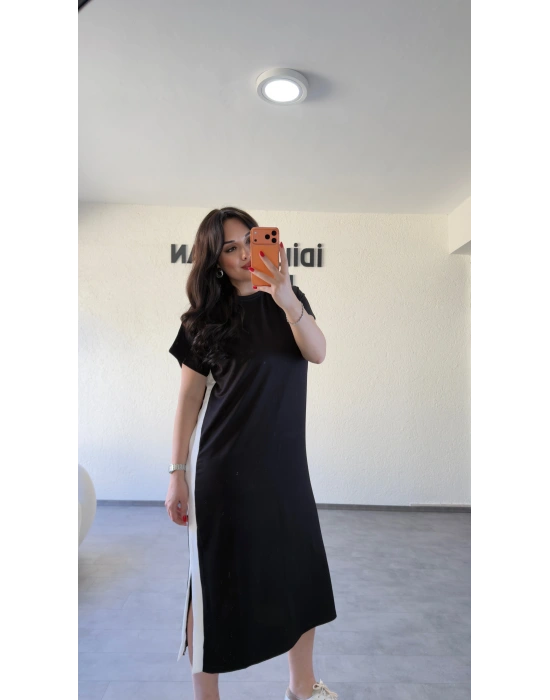 Kuşaklı Yan Detaylı Düz Kesim Uzun Elbise