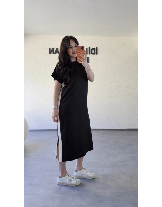 Kuşaklı Yan Detaylı Düz Kesim Uzun Elbise