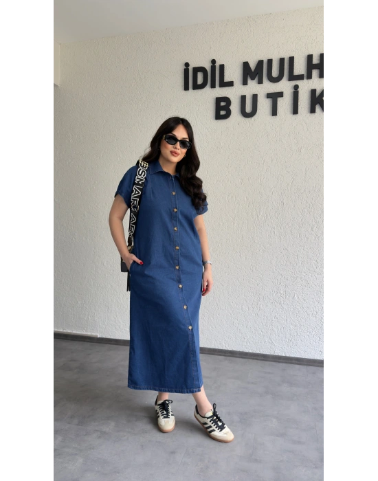 Çıkarılabilir Kemerli Düğmeli Kot Elbise