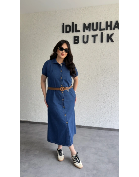 Çıkarılabilir Kemerli Düğmeli Kot Elbise