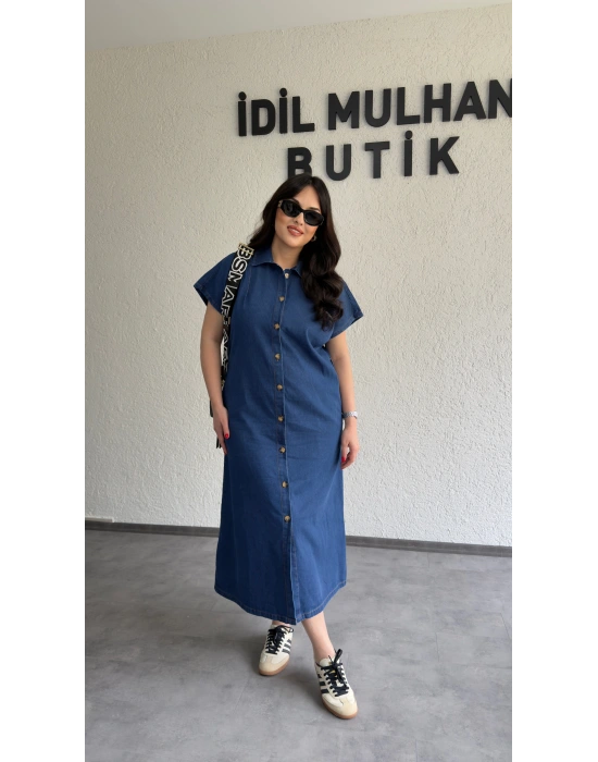 Çıkarılabilir Kemerli Düğmeli Kot Elbise