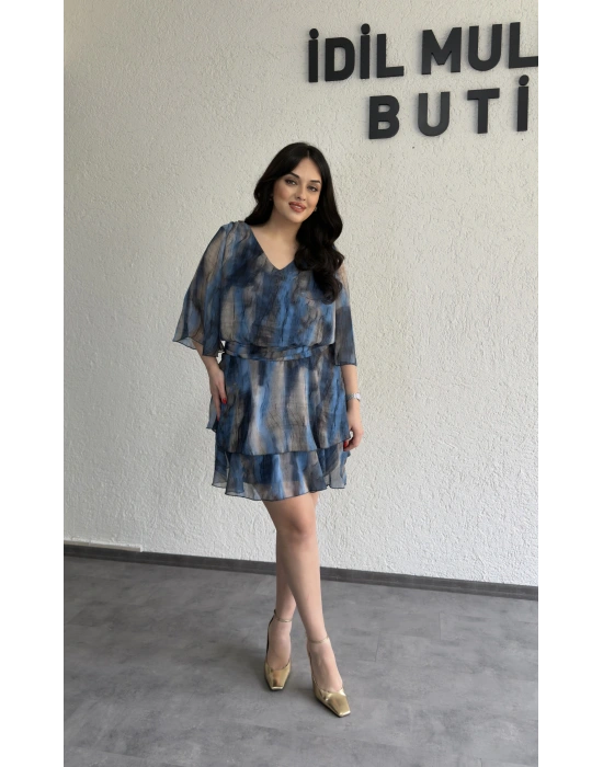 Mavi V Yaka Kat Kat Şifon Elbise