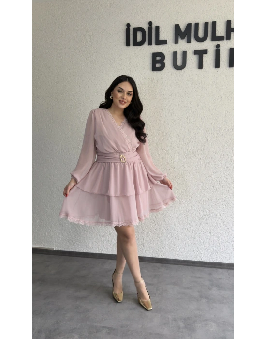 Pudra Pembe Kruvaze İki Katlı Yoryo Elbise