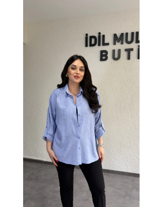 Bebe Mavisi Dokulu Kumaş Salaş Gömlek