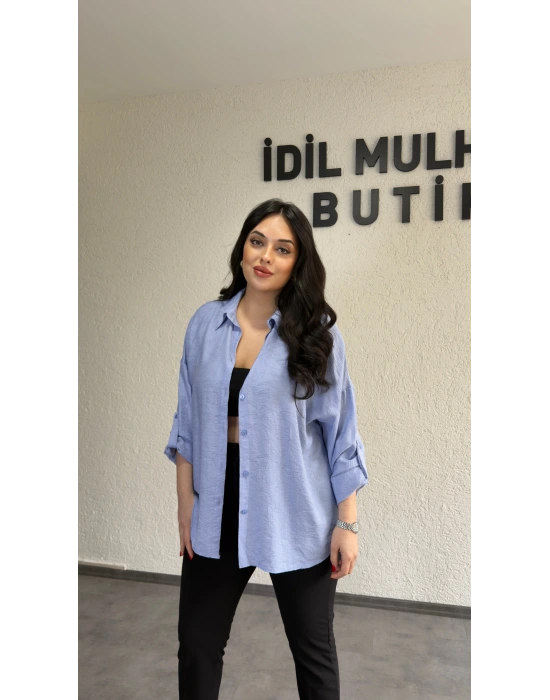 Bebe Mavisi Dokulu Kumaş Salaş Gömlek