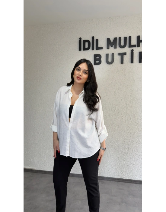 Beyaz Dokulu Kumaş Salaş Gömlek