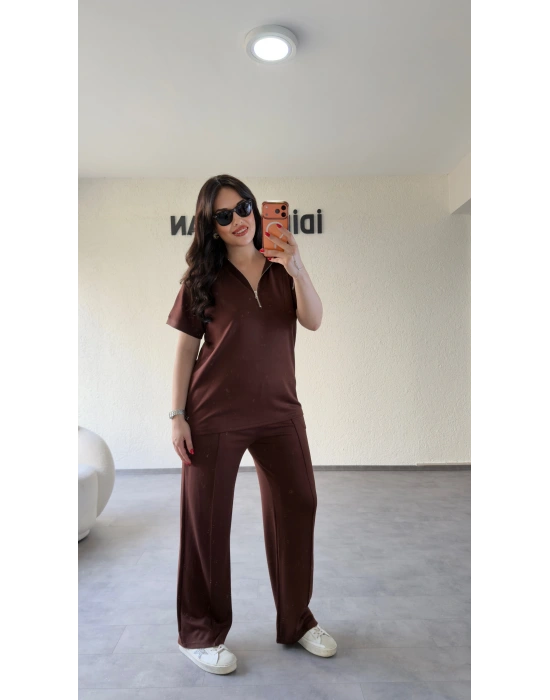 Kahverengi Polo Yaka Rahat Kesim Takım
