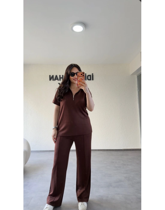 Kahverengi Polo Yaka Rahat Kesim Takım