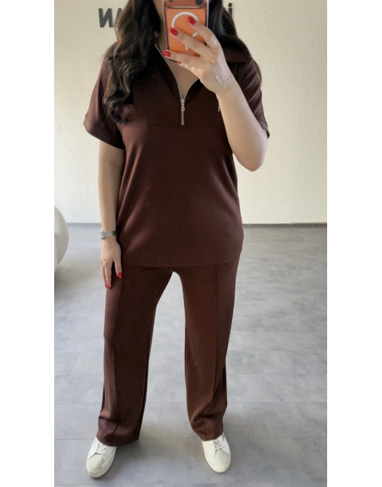 Kahverengi Polo Yaka Rahat Kesim Takım