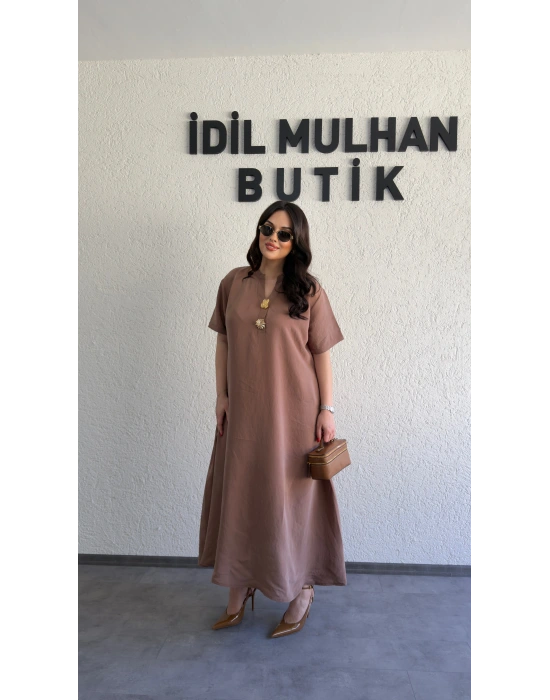Kahverengi Salaş Kesim Broş Detaylı Elbise