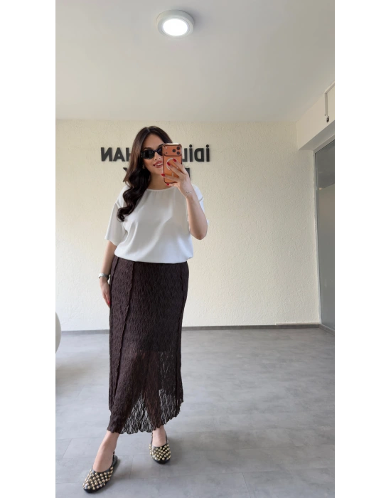Kahverengi Likralı Güpür Detaylı Etek