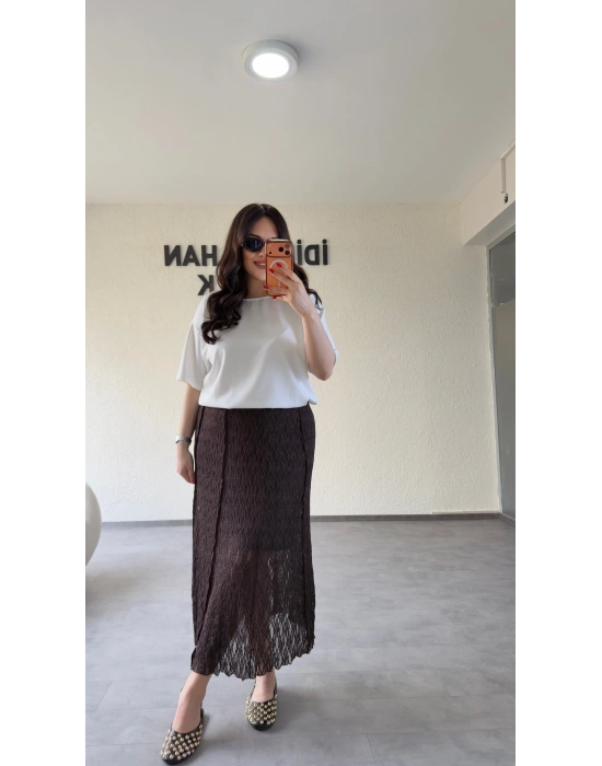 Kahverengi Likralı Güpür Detaylı Etek