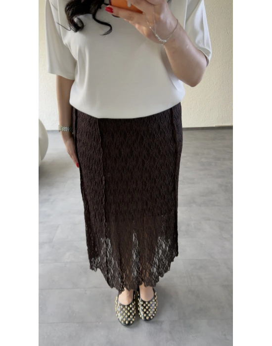 Kahverengi Likralı Güpür Detaylı Etek