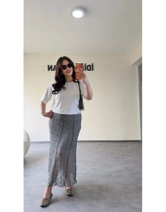 Gri Likralı Güpür Detaylı Etek