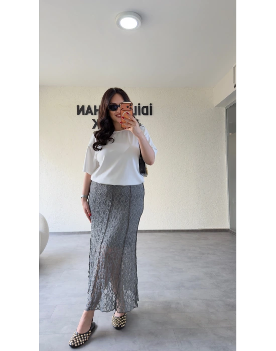 Gri Likralı Güpür Detaylı Etek