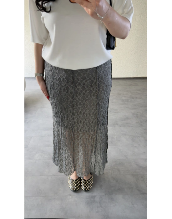 Gri Likralı Güpür Detaylı Etek
