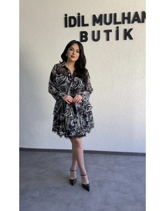 Siyah Beyaz Desenli Tül Katlı Elbise