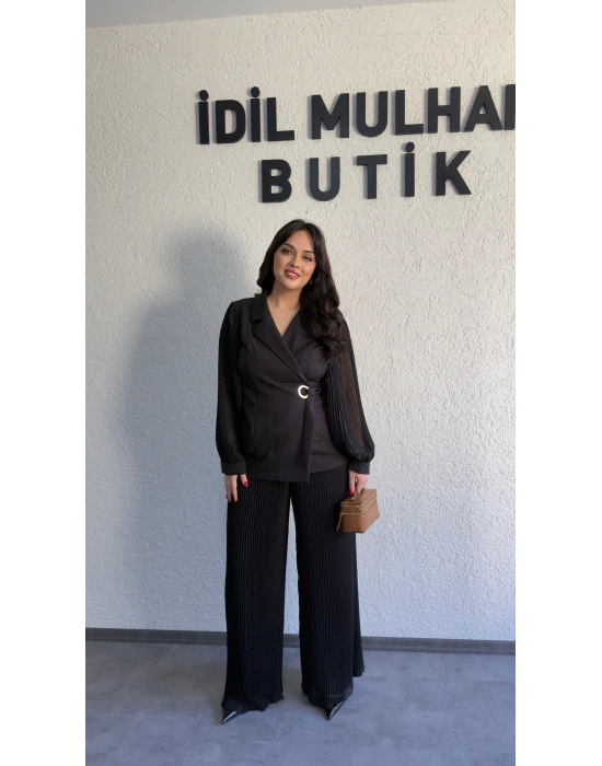 Siyah Double Şifon Kol Ve Pantolon Takım