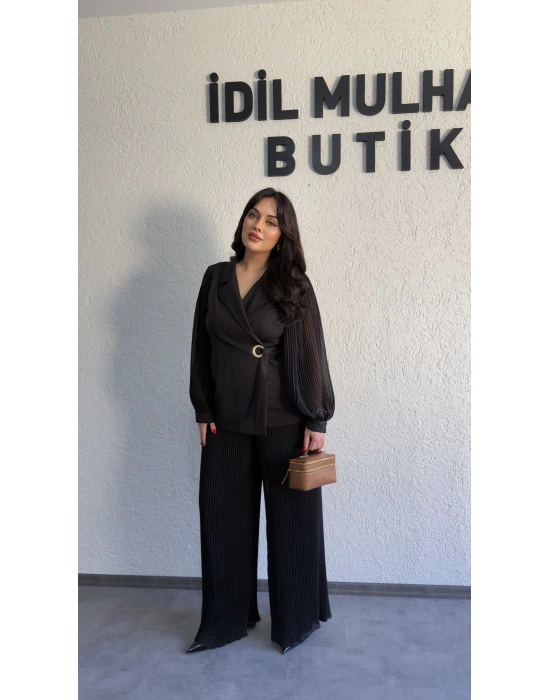 Siyah Double Şifon Kol Ve Pantolon Takım