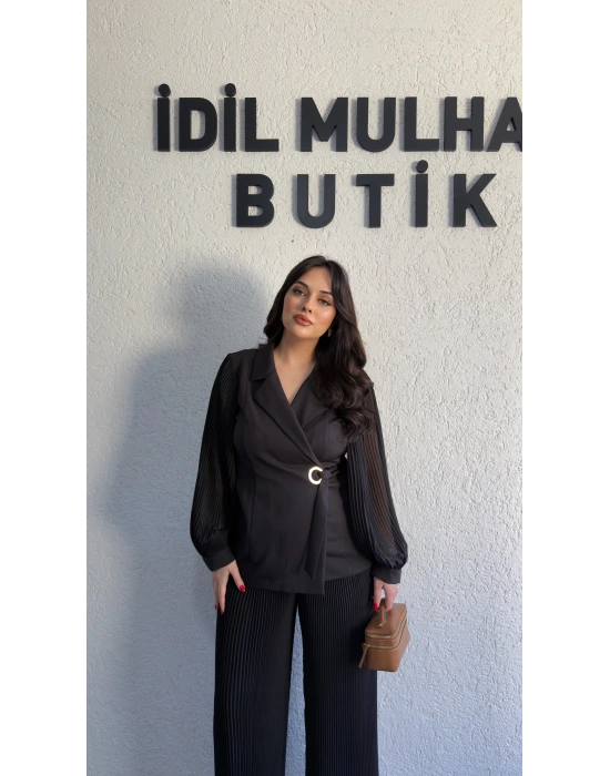 Siyah Double Şifon Kol Ve Pantolon Takım