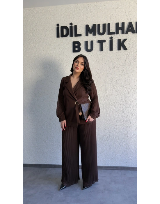 Kahverengi Double Şifon Kol Ve Pantolon Takım