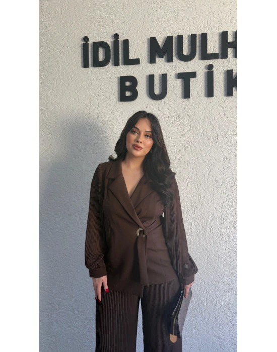 Kahverengi Double Şifon Kol Ve Pantolon Takım
