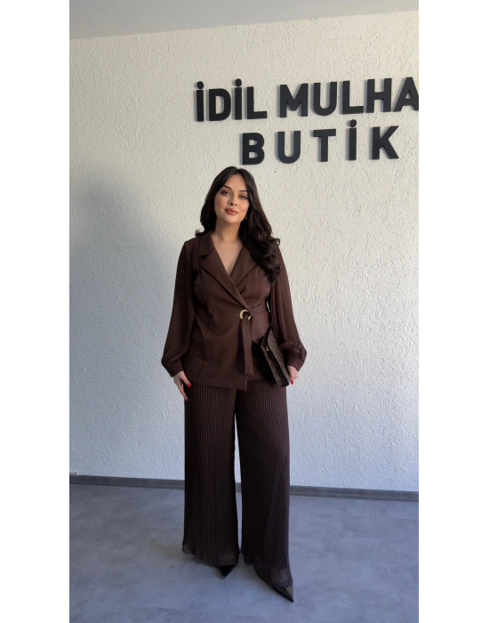 Kahverengi Double Şifon Kol Ve Pantolon Takım