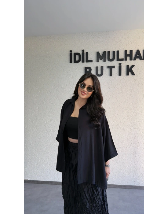 Siyah Günlük Rahat Kalıp Gömlek