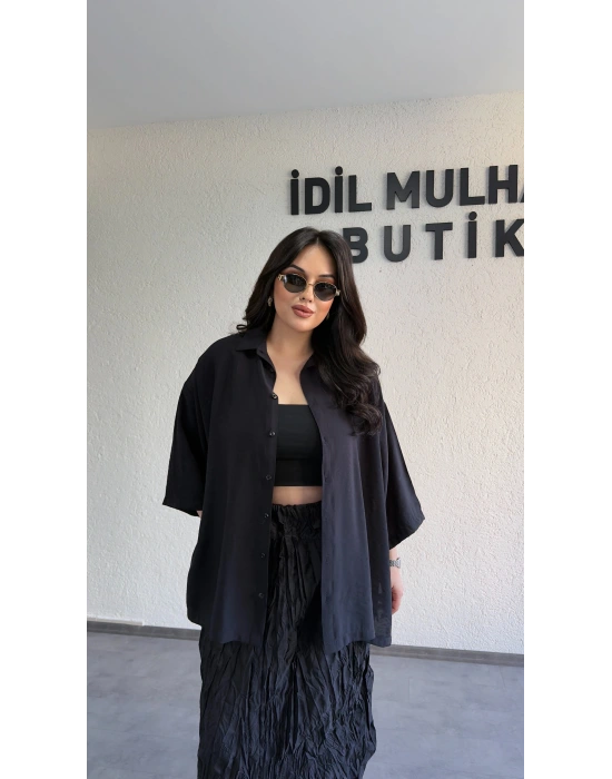 Siyah Günlük Rahat Kalıp Gömlek