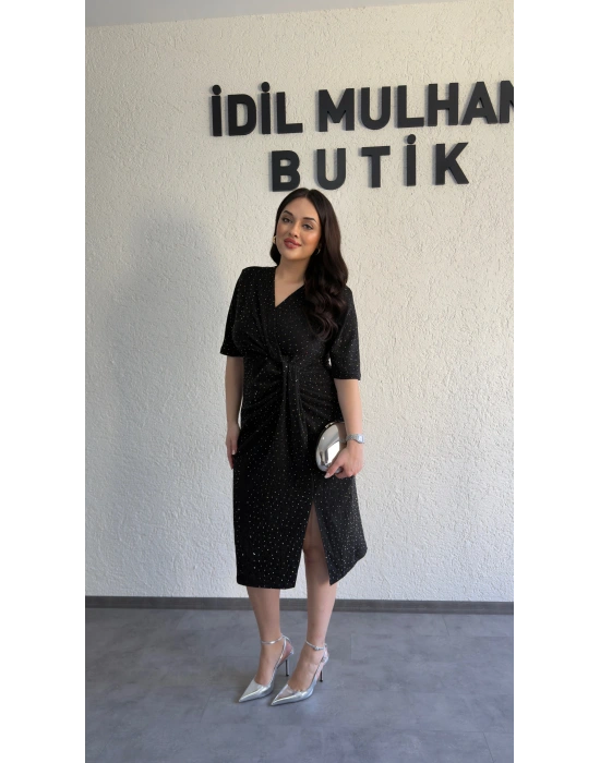 Siyah Sim Işıltılı Drapeli Elbise