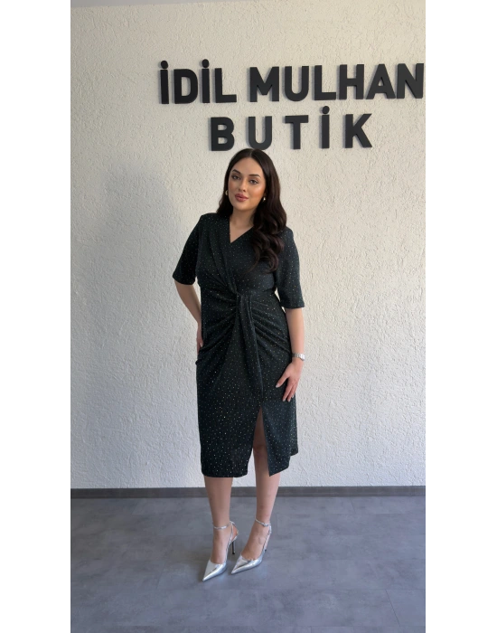 Zümrüt Yeşili Sim Işıltılı Drapeli Elbise