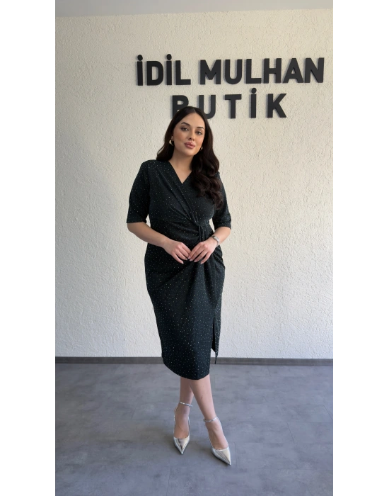 Zümrüt Yeşili Sim Işıltılı Drapeli Elbise