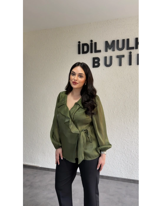 Yağ Yeşili Kruvaze Yaka Volanlı Bağlamalı Bluz