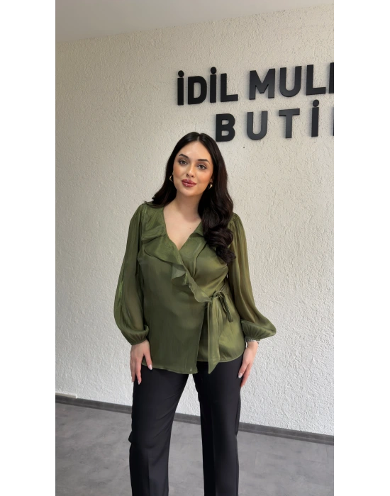 Yağ Yeşili Kruvaze Yaka Volanlı Bağlamalı Bluz