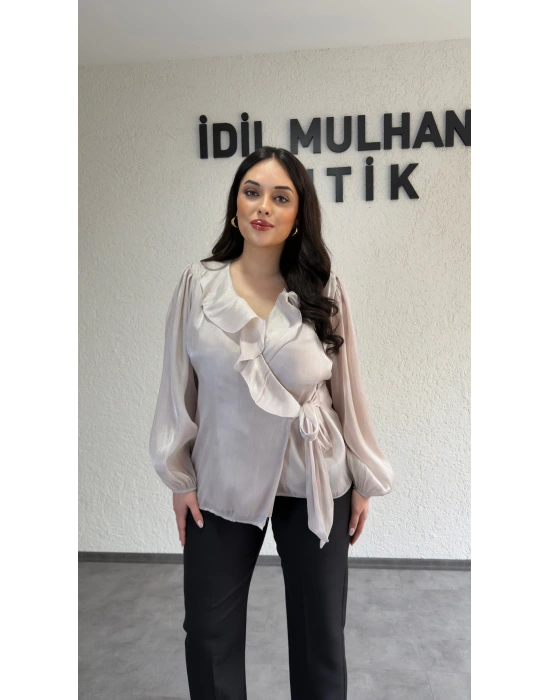 Vizon Kruvaze Yaka Volanlı Bağlamalı Bluz