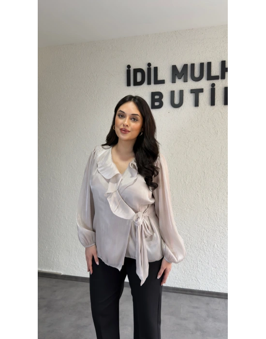 Vizon Kruvaze Yaka Volanlı Bağlamalı Bluz