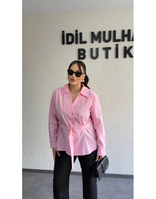 Pembe Şık Kesim Kuşaklı Gömlek