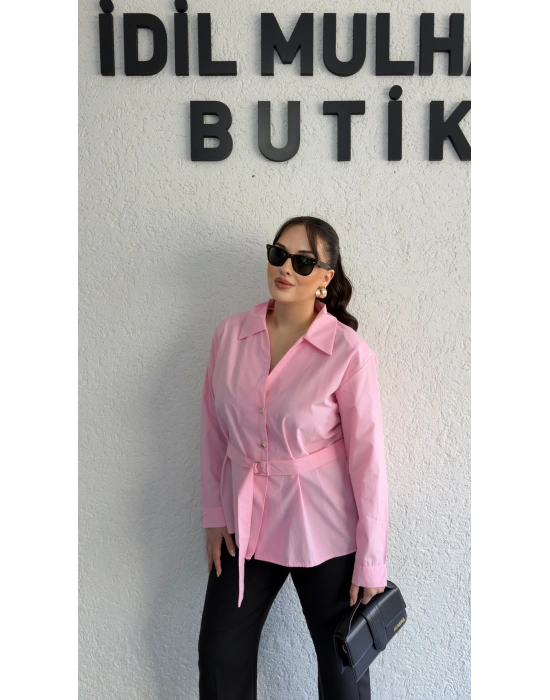 Pembe Şık Kesim Kuşaklı Gömlek