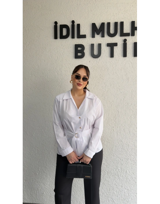 Beyaz Şık Kesim Kuşaklı Gömlek