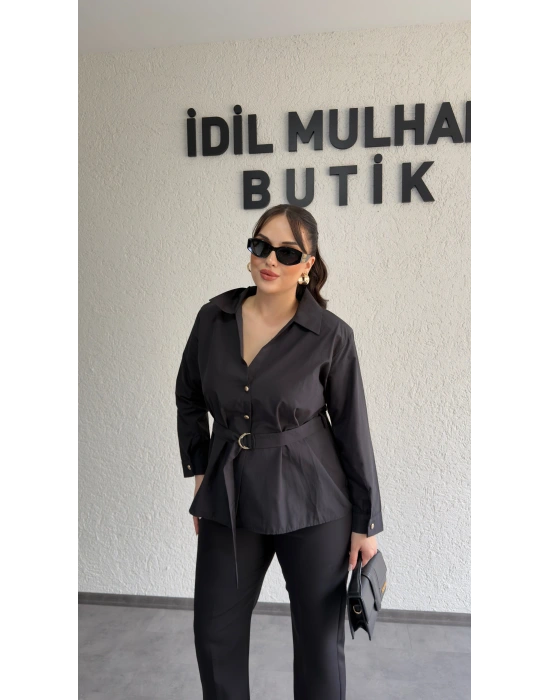 Siyah Şık Kesim Kuşaklı Gömlek