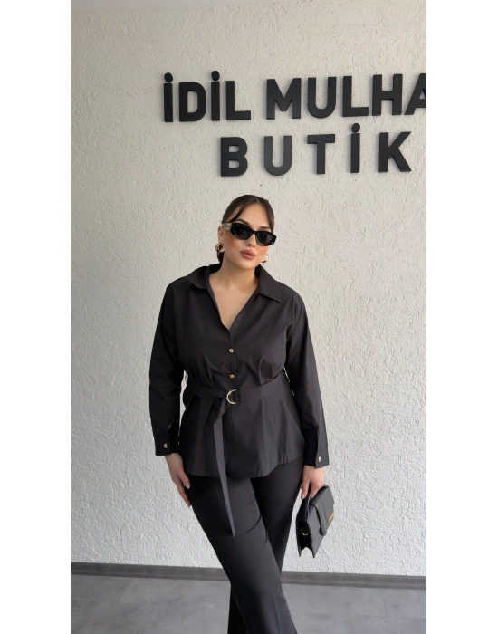Siyah Şık Kesim Kuşaklı Gömlek
