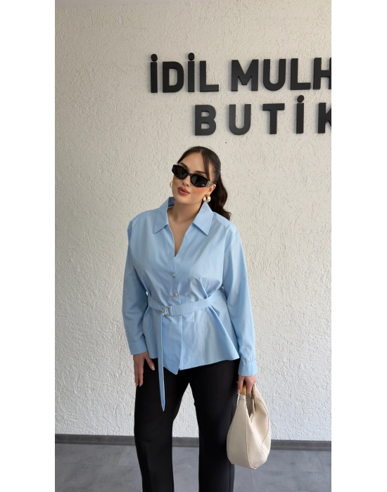 Bebe Mavisi Şık Kesim Kuşaklı Gömlek