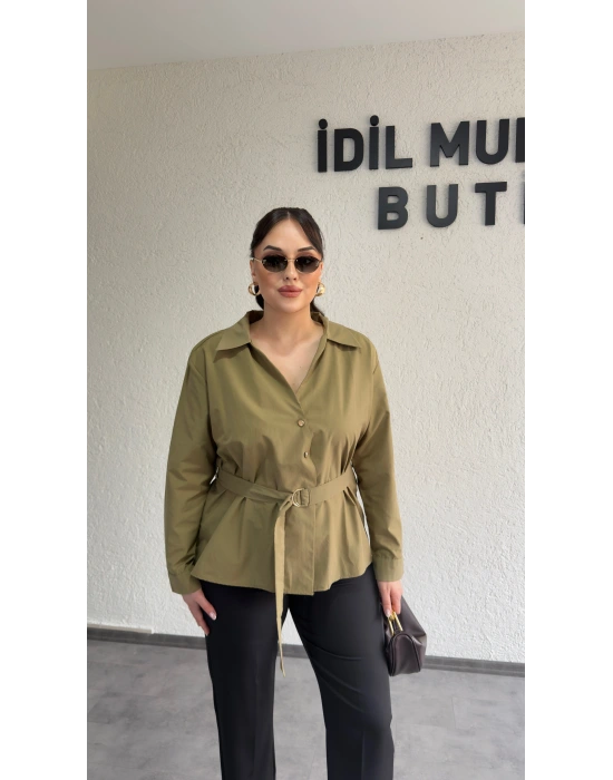 Haki Şık Kesim Kuşaklı Gömlek