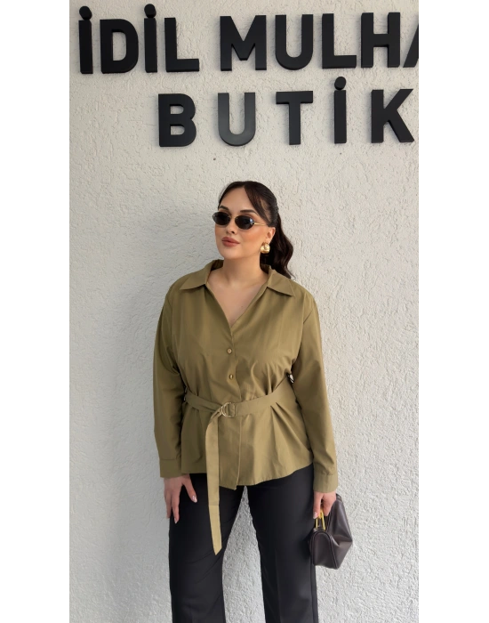 Haki Şık Kesim Kuşaklı Gömlek